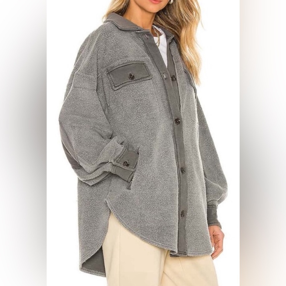 Free People Gray Ruby Oversized Fleece Shirt Jacket Shacket Eucalyptus S Small - Picture 2 of 10